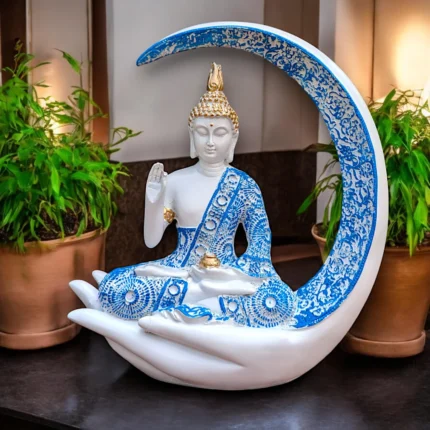 Antique Big Meditating Moon Buddha Showpiece for Home Decor and Gifting (White, Blue)